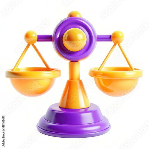 A colorful toy scale featuring purple and orange bowls, representing balance and justice in a playful design.
