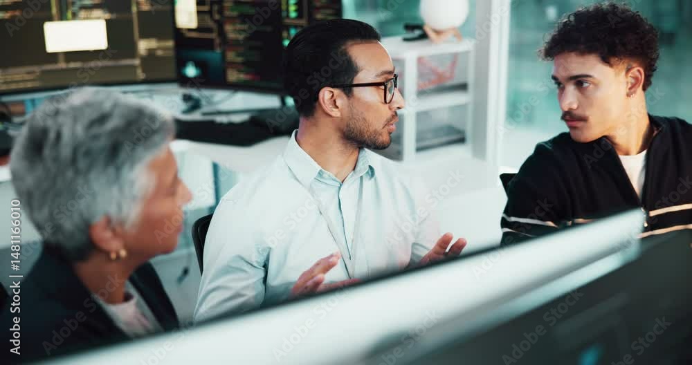 People, mentor and developer with computer in office of programming, information and software update. Above, staff and explain process of website development, coding server and troubleshooting system
