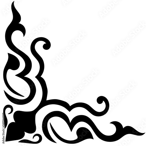 Silhouette of Decorative Abstract Corner Element with Tribal-Inspired Swirls and Waves. Elegant Frame Accent for Invitations