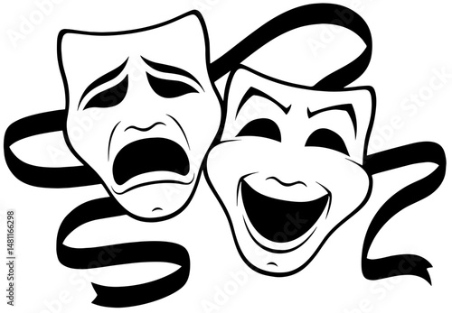Classic Theatre Masks of Tragedy and Comedy with Flowing Ribbon. Performing Arts, Emotional Expression, Dramatic Tradition, Stage Performance, Ancient Greek Heritage, Acting and Theatrical Culture