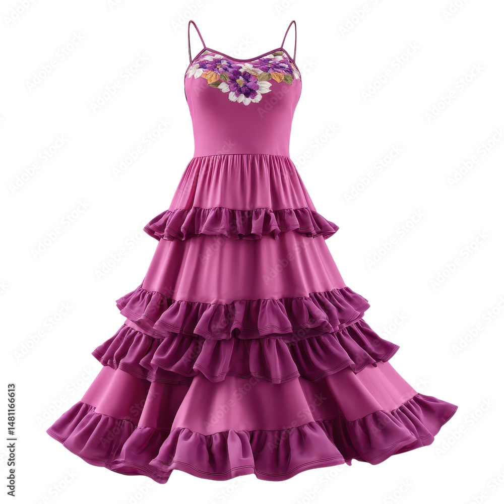 Elegant Pink Dress with Floral Embroidery and Ruffled Layers for Summer Fashion and Events Elegant Pink Dress with Floral Embroidery and Ruffled Layers for Summer Fashion and Events