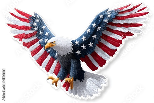 A majestic bald eagle with wings spread wide adorned in the vibrant colors and stars of the American flag symbolizing freedom patriotism and national pride