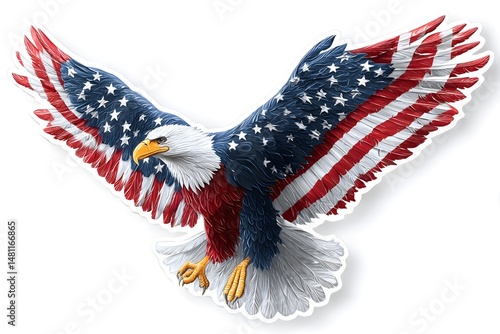 A majestic American bald eagle with wings spread wide adorned in the vibrant colors and patterns of the United States flag symbolizing freedom and patriotism