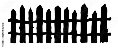 Silhouette of an Old Wooden Picket Fence with Uneven Posts. Rustic Property Border, Halloween Atmosphere Element, Abandonment, Rural Decay, Weathered Architecture