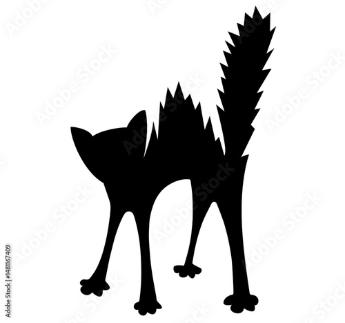 Silhouette of a Frightened Cat with Arched Back and Raised Fur. Animal Defensive Posture, Fear Reaction, Halloween, Feline Behavior, Instinctive Response to Threat