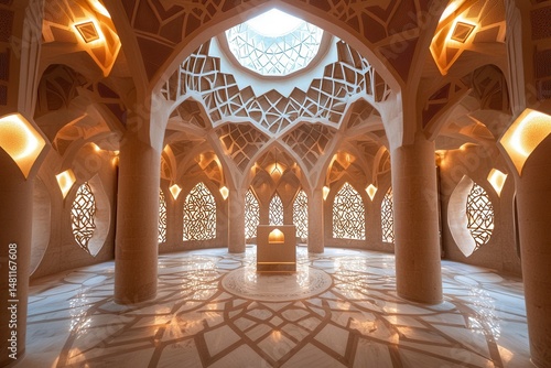Stunning architectural interior featuring intricate designs and ambient lighting in a serene space