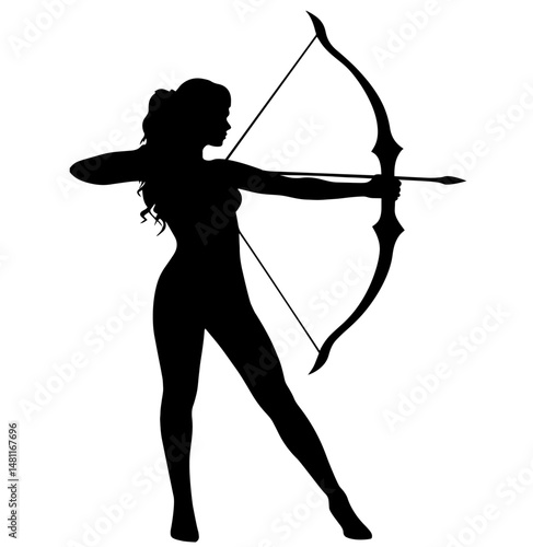 Silhouette of a Female Archer Drawing a Bow, Standing in Profile. Strength and Focus, Traditional Archery, Warrior Spirit, Female Empowerment, Precision and Discipline, Sport and Mythology 