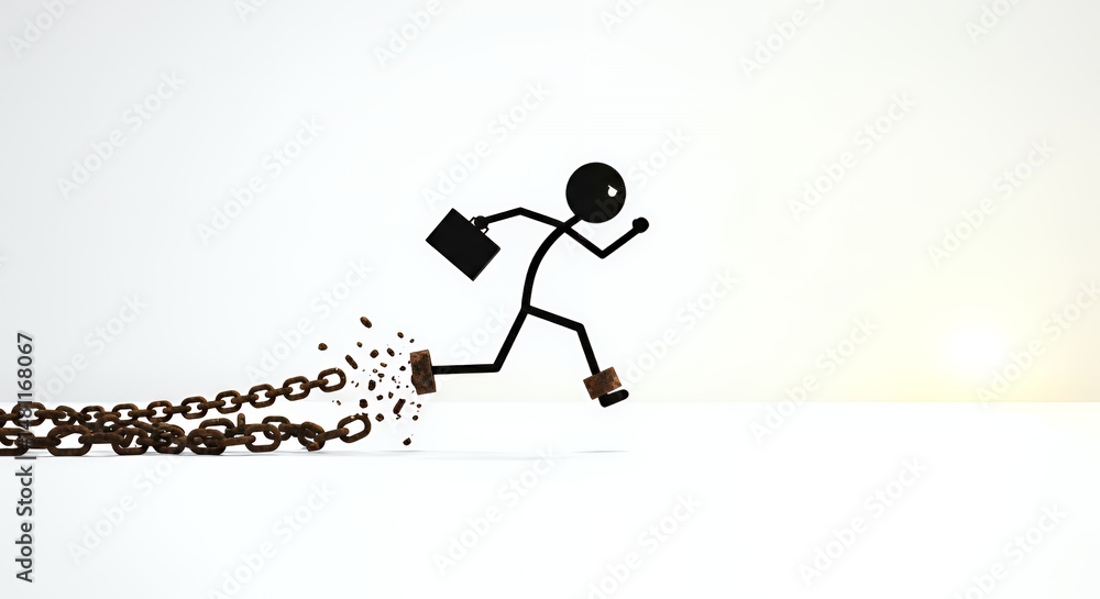 Fototapeta premium Stick Figure Running After Breaking Chains Symbolizing Business Motivation for Achieving Goals on White Surface