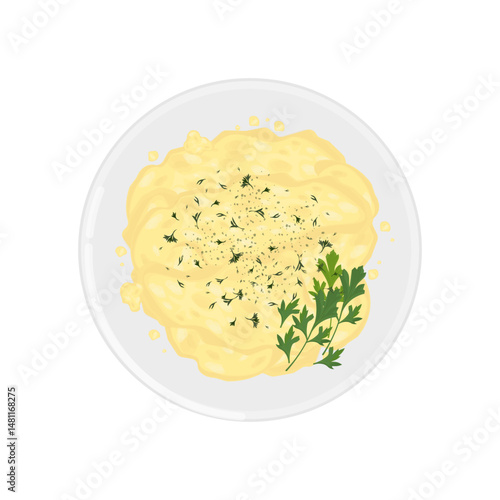 Vector Illustration Logo Clipart Top View Scrambled Eggs  or  omelet on a White Plate