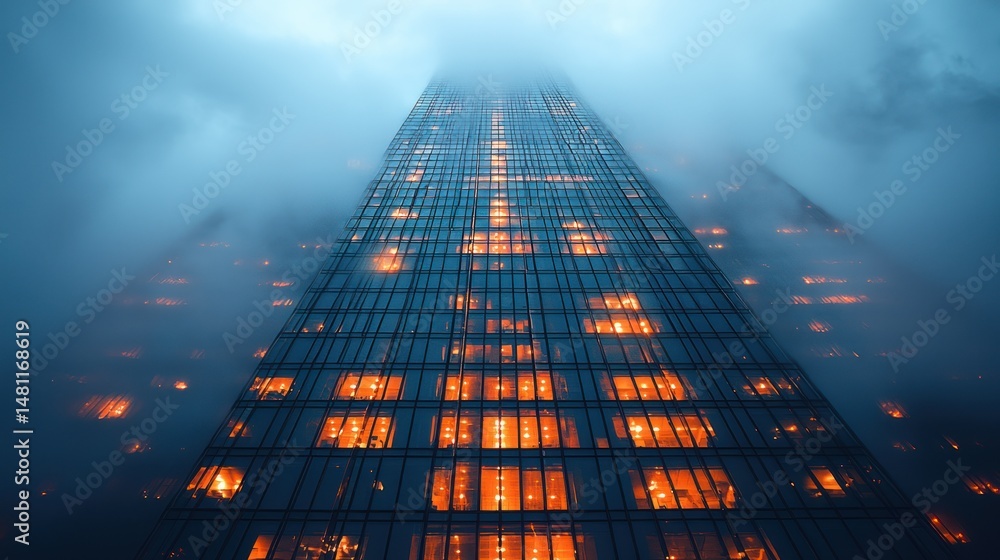 Naklejka premium Skyscraper pierces fog, lit windows