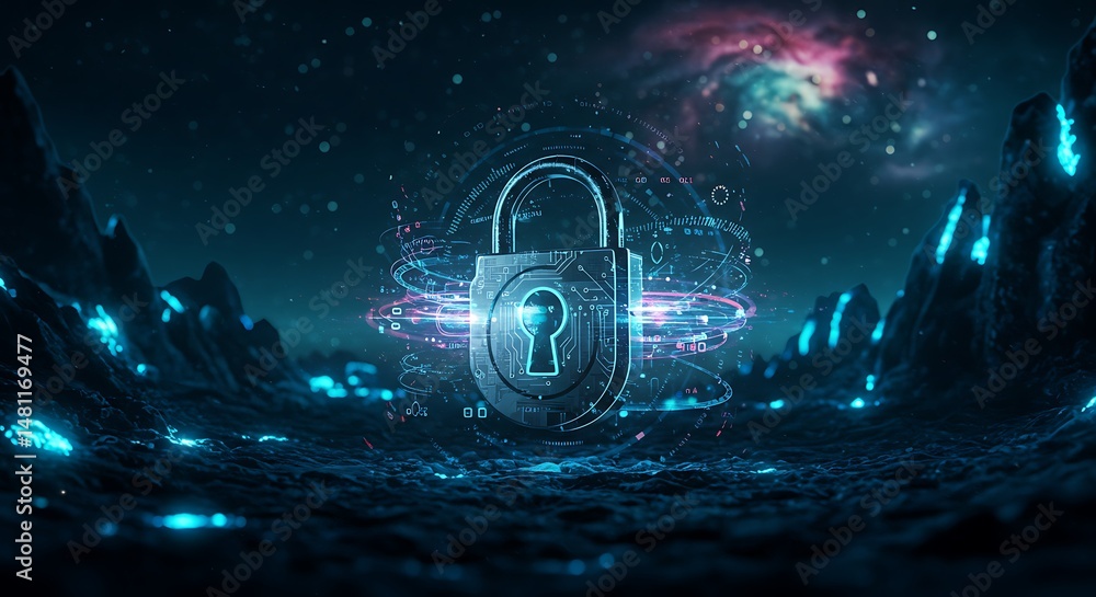 Obraz premium Digital security floating padlock with circuit details in space scene