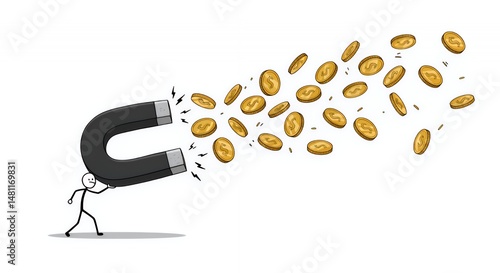 Stickman Attracting Golden Coins with Magnet Illustrating Business Profit and Motivation on White Background Perfect for Strategy and Finance Concept