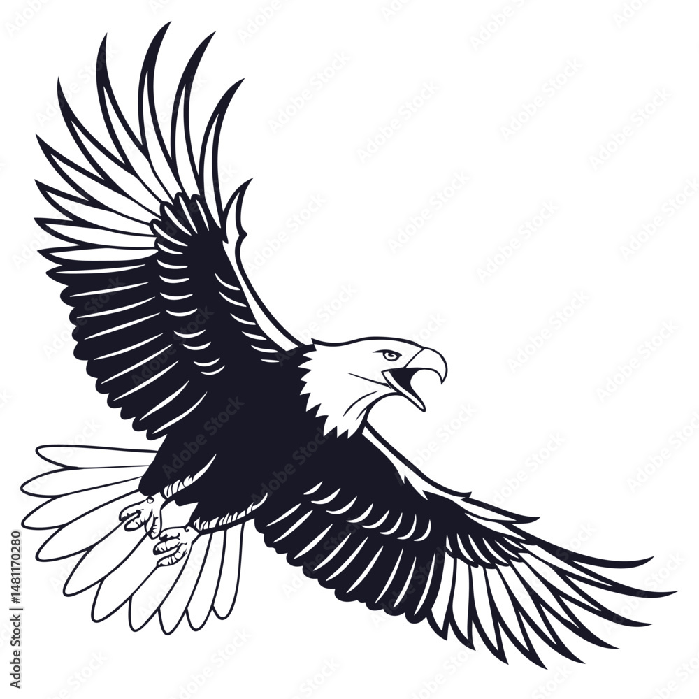 Obraz premium Majestic Bald Eagle in Flight Black and White Illustration