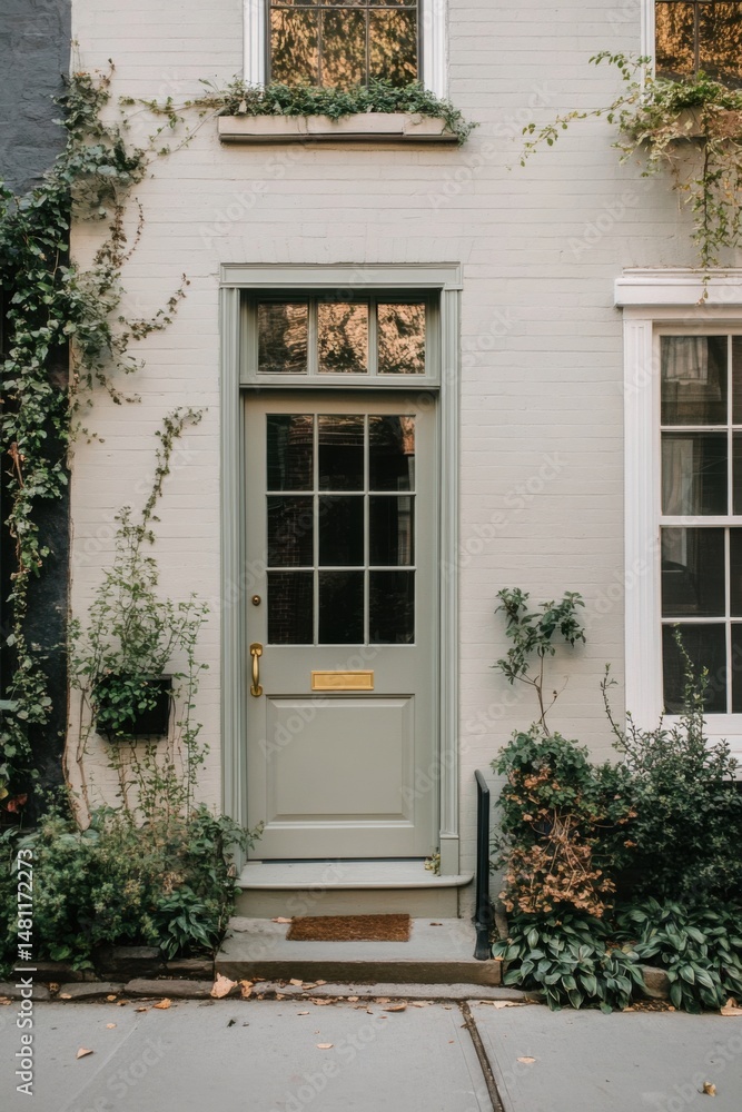 The elegant front door of a charming home stands out beautifully, nestled within a sea of lush greenery in a serene neighborhood, showcasing the early fall season's charm The elegant front door of a charming home stands out beautifully, nestled within a sea of lush greenery in a serene neighborhood, showcasing the early fall season's charm