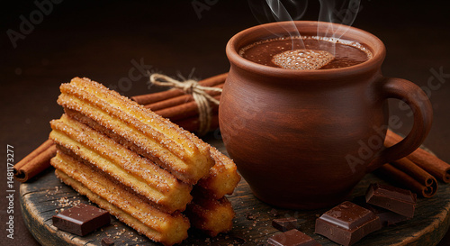 Traditional churros with hot chocolate and cinnamon sugar