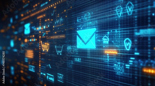 Concept of a digital envelope with marketing icons like shopping cart, discount tag, and chart