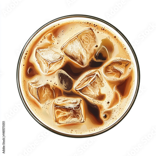 Realistic top-down view of iced coffee with milk swirls and floating ice cubes in a glass, creamy textures and refreshing beverage, isolated on white background