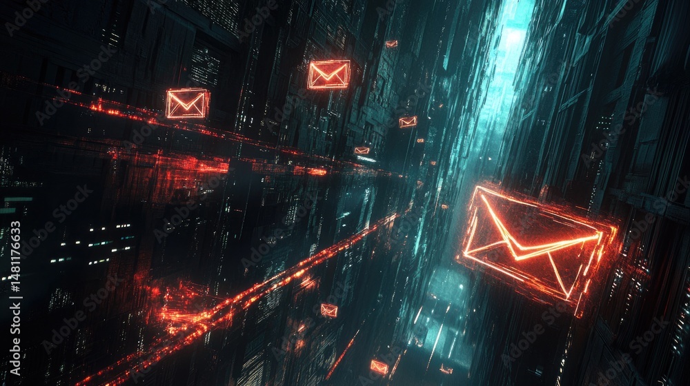 Fototapeta premium Digital art of flying email icons with glowing trails representing outreach and lead nurturing