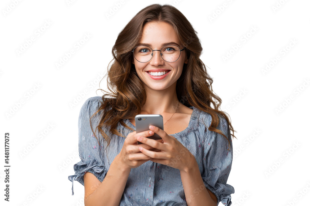 Tech-Savvy Smiles: A cheerful woman, her eyes sparkling behind glasses, holds a smartphone and beams a genuine smile, radiating positivity and connection. Tech-Savvy Smiles: A cheerful woman, her eyes sparkling behind glasses, holds a smartphone and beams a genuine smile, radiating positivity and connection.