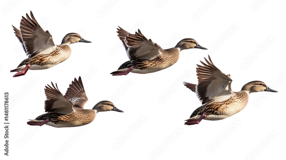 Fototapeta premium Flying Four Ducks Isolated on White Background – Wildlife Birds in Motion for Nature, Animal Behavior, and Ornithology-Themed Visual Designs