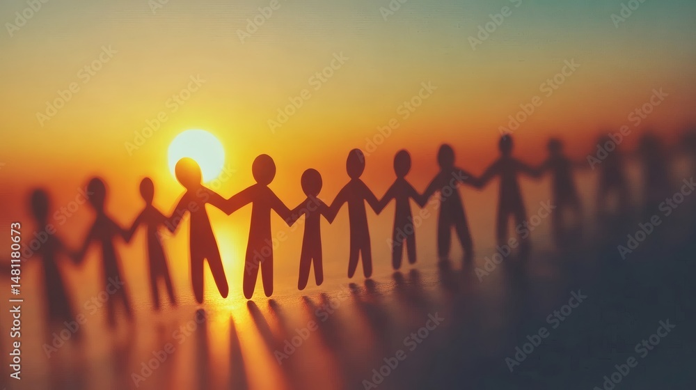Fototapeta premium A silhouette of paper figures holding hands against a warm sunset, emphasizing unity and connection.
