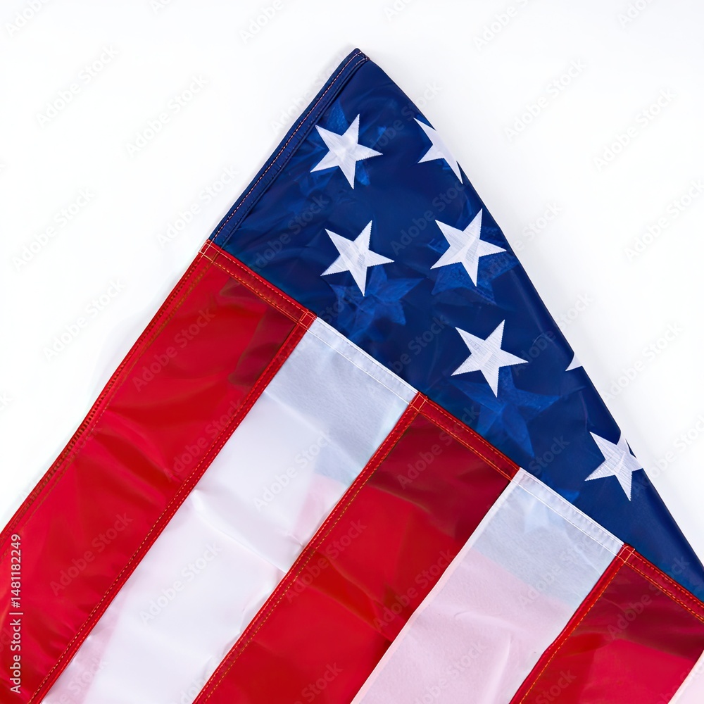Fototapeta premium Close up of the american flag showing stars and stripes on a white background