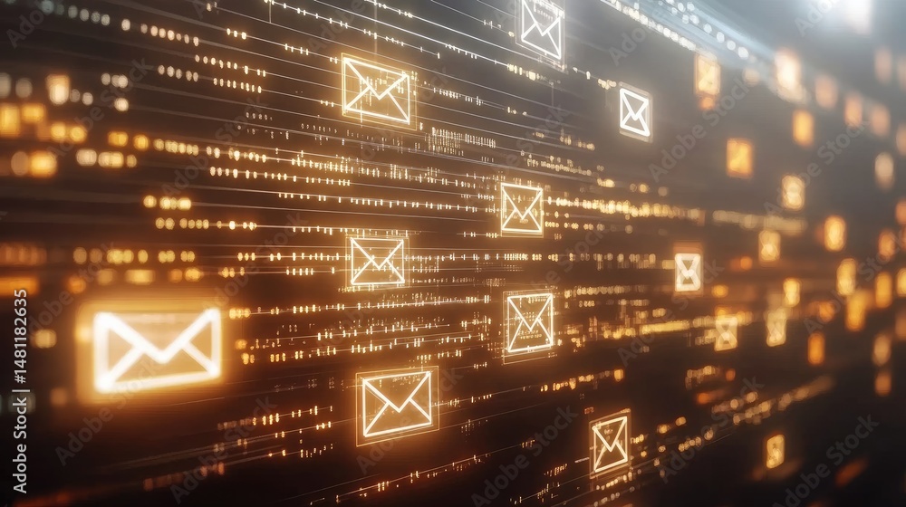 Fototapeta premium Graphic showing envelope icons with digital data lines representing email distribution network