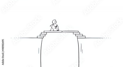 Stickman Entrepreneur Building Bridge across Chasm Symbolizing Business Growth on Pristine White Expanse