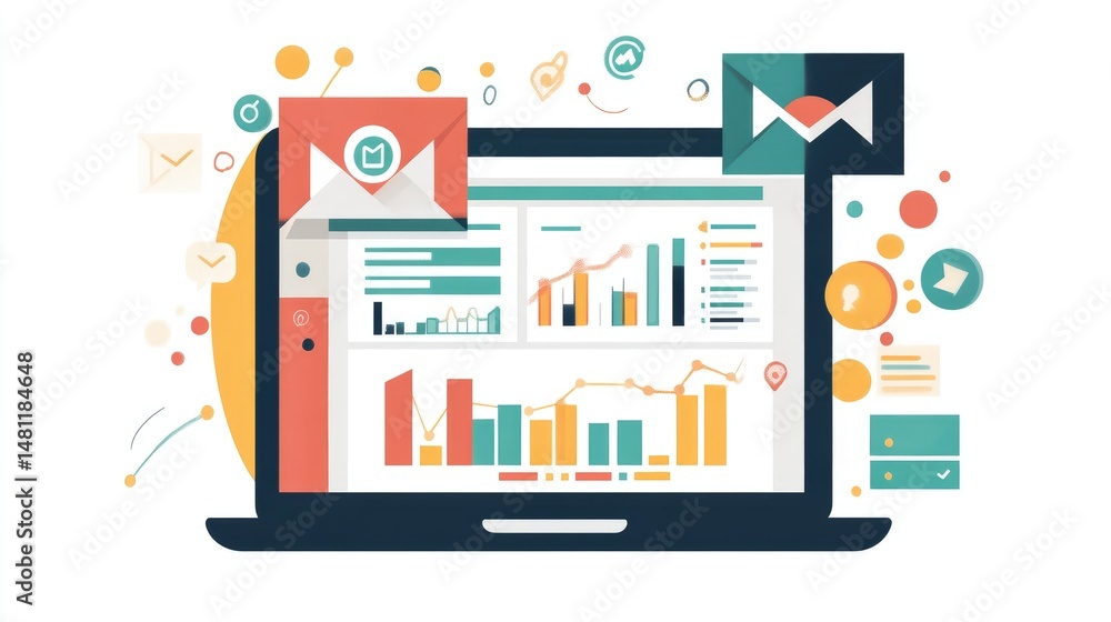 Obraz premium Laptop displaying email marketing dashboard with campaign stats, open rate, and CTR charts