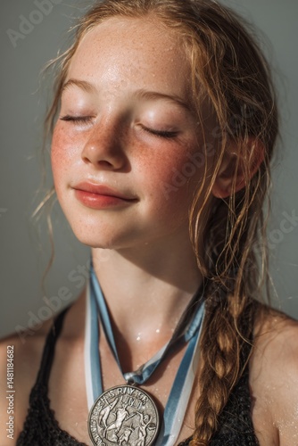 A young girl with freckles, radiant after a competition, wears her well-deserved medal with pride.