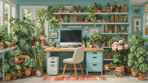 Modern home office workspace scene with desktop computer potted plant and coffee flat line art 