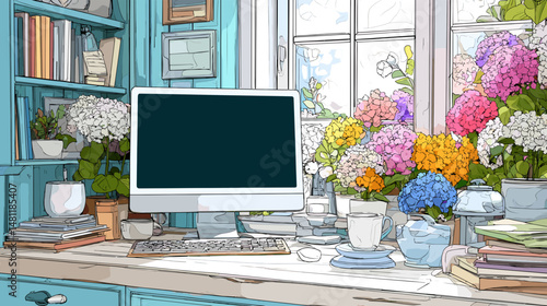 Modern home office workspace scene with desktop computer potted plant and coffee flat line art 