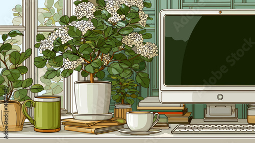 Modern home office workspace scene with desktop computer potted plant and coffee flat line art 