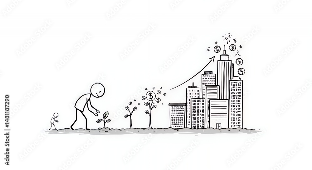 Obraz premium Stickman Planting Seed for Flourishing Business Growth on White Backdrop Representing Entrepreneurial Motivation