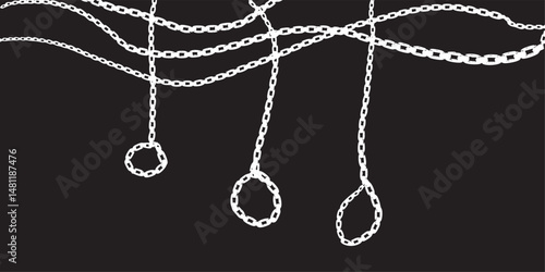 Hanging chains with circular ends on black background