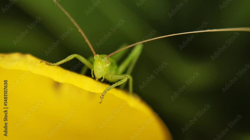 bright green grasshopper sits on yellow tulip flower Tulipa biebersteiniana, Tulipa quercetorum, bright saturated colors, close-up bright green grasshopper sits on yellow tulip flower Tulipa biebersteiniana, Tulipa quercetorum, bright saturated colors, close-up