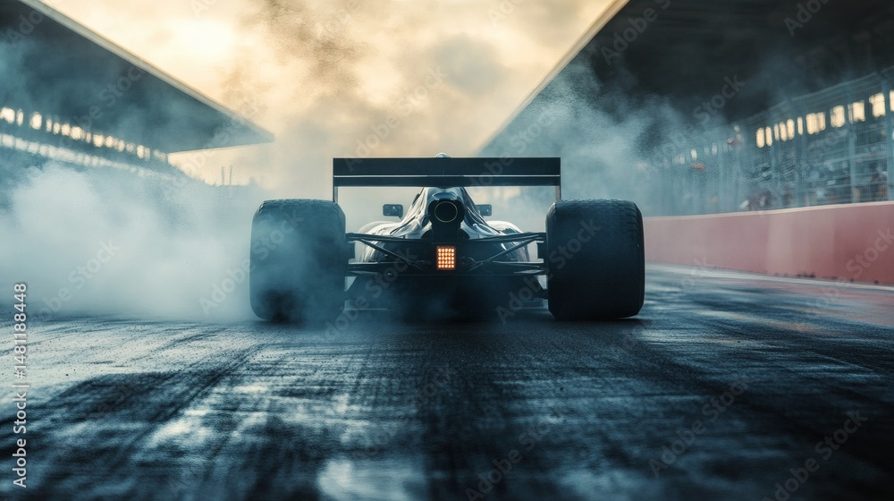 Obraz premium Dramatic shot of a formula 1 race car leaving a cloud of smoke on the racetrack.