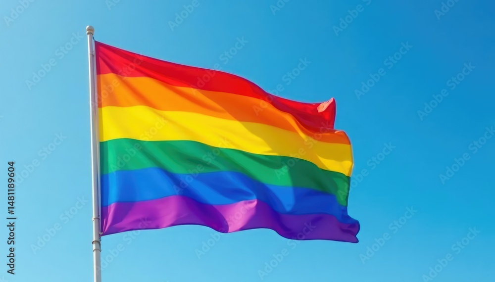 Obraz premium Vibrant rainbow flag fluttering in the breeze against a clear blue sky , freedom, outdoor