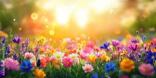Colorful wildflower meadow bathed in warm golden sunlight with diverse blooming flowers creating a vibrant and cheerful natural scene