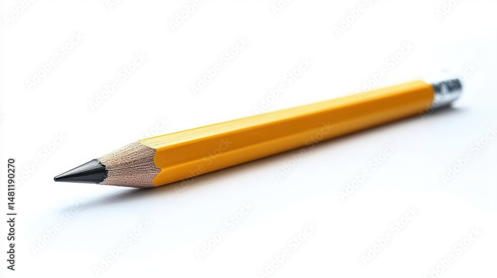 Close-up of a yellow wooden pencil with a sharpened graphite tip resting on a white surface, focus on the pencil tip and hexagonal shape Close-up of a yellow wooden pencil with a sharpened graphite tip resting on a white surface, focus on the pencil tip and hexagonal shape