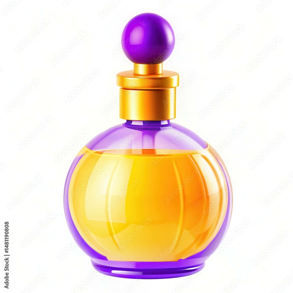 A vibrant perfume bottle with a purple top and golden accents, featuring a translucent yellow liquid inside. A vibrant perfume bottle with a purple top and golden accents, featuring a translucent yellow liquid inside.