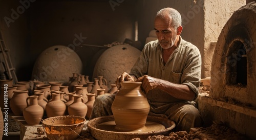 Artisan shaping clay pot on a pottery wheel