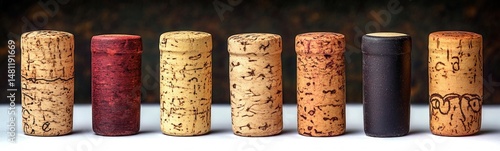Close-up of seven different wine corks standing upright in a row on a white surface with a dark blurred background, showcasing natural textures and colors