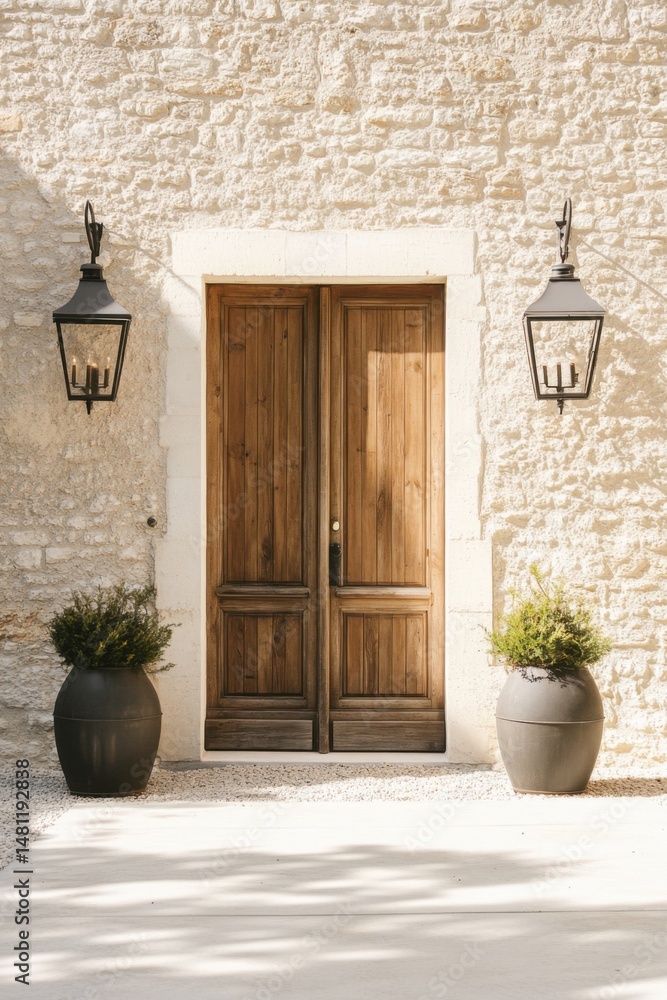 Fototapeta premium At the entrance of a charming stone building, beautiful wooden doors are gracefully flanked by elegant lanterns and vibrant potted plants, all bathed in the warm glow of a sunny day