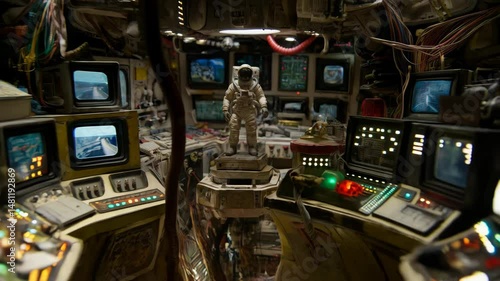 Detailed view inside a miniature spacecraft cockpit with an astronaut figure standing in the center surrounded by screens and intricate controls.
