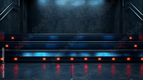 Dark Blue Metallic Stairs with Red Lights Cyberpunk 3D Render