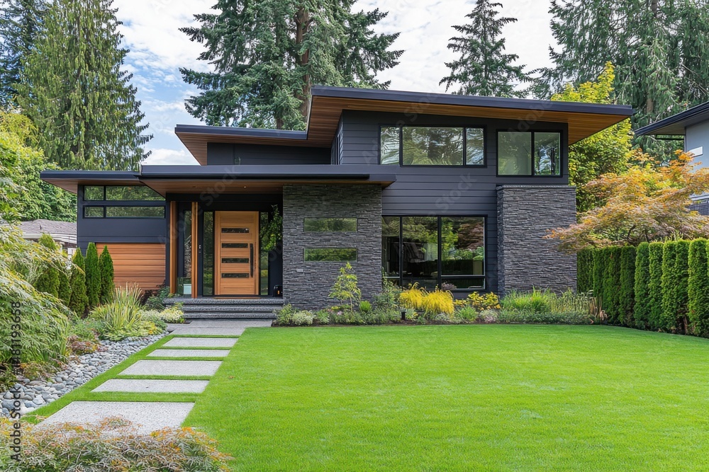 Naklejka premium Modern house exterior showcasing sleek design with stone accents and lush landscaping in a tranquil neighborhood in summer