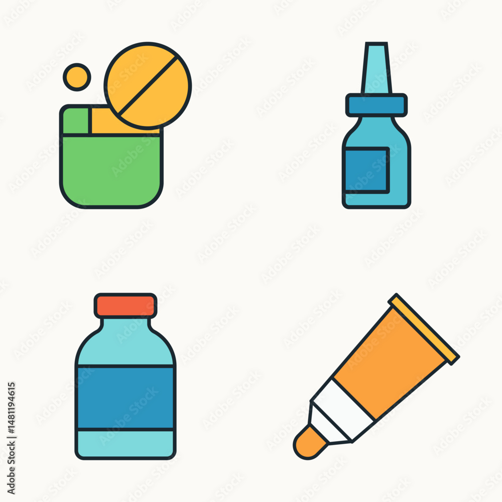 Fototapeta premium Flat vector illustration of pill container, nasal spray bottle, liquid medicine vial, and orange tube of medical cream