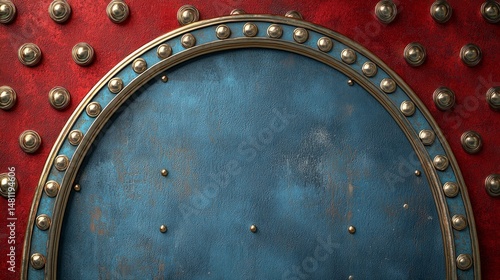 Elegant 3D Rendered Symmetrical Design Blue and Gold Shield on Red