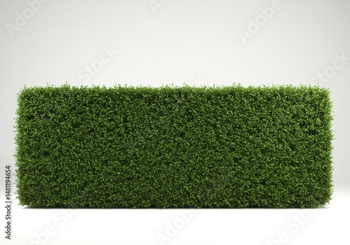 A rectangular hedge of vibrant green leaves against a neutral backdrop area